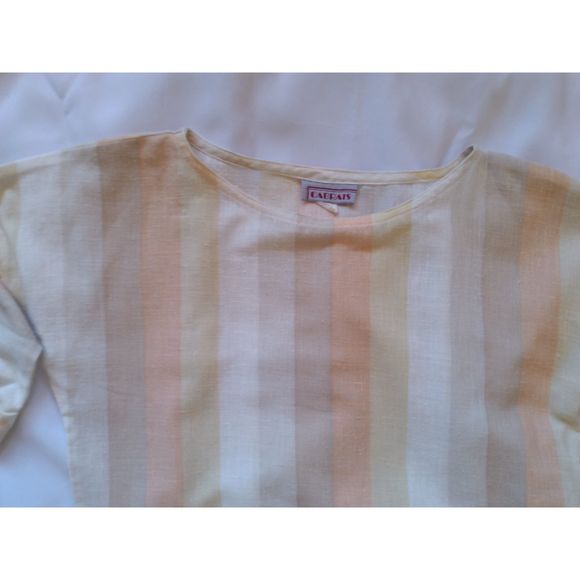 Cabrais Vintage Linen Short Sleeve Striped Neutrals Beach Short Sleeve Top L XL - Picture 5 of 10